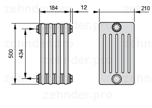 Схема (чертеж) Радиатор Zehnder Charleston 6050/4 №1270 Белый глянцевый RAL 9016